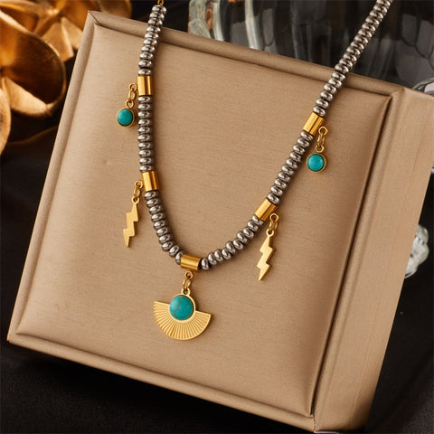 MEYRROYU 316L Stainless Steel Green Stone Crytal Snake Chain Multilayer Necklace For Women Pendant Boho Fashion Jewelry Gift