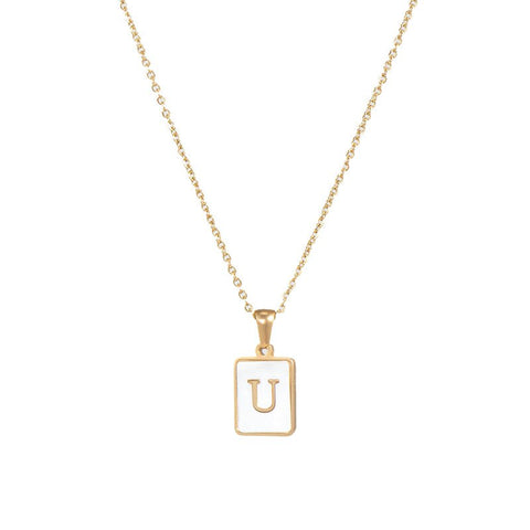 2021 New Minimalist Natural Mother of Pearl Shell Stainless Steel Tarnish Free Initial Necklace Gold Letter Necklace for Women