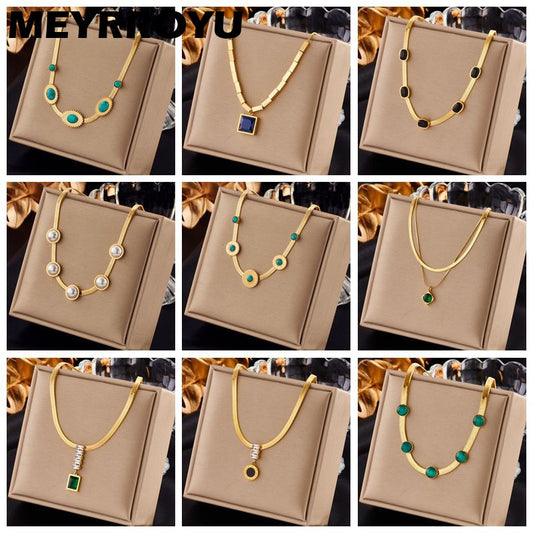 MEYRROYU 316L Stainless Steel Blue Crystal Imitate Pearl Snake Chain Collar Necklace For Women Pendant Jewelry Gift Accessories