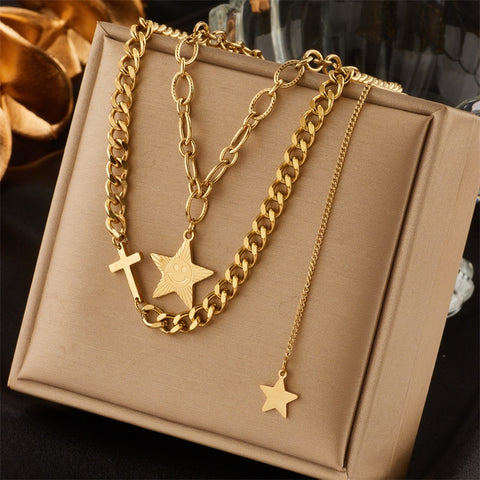 MEYRROYU 316L Stainless Steel Hip Hop PunkVintage Multilayer Coin Pendant Necklace For Women Double Layer Chain Necklace Jewelry