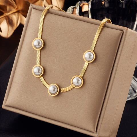 MEYRROYU 316L Stainless Steel Blue Crystal Imitate Pearl Snake Chain Collar Necklace For Women Pendant Jewelry Gift Accessories