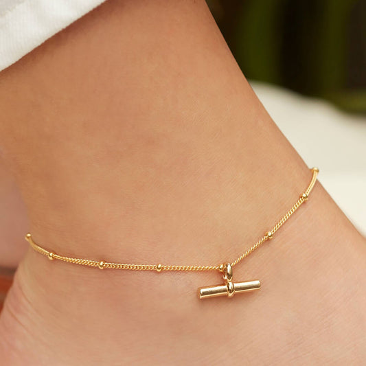 Waterproof Stainless Steel Foot Jewelry Minimalist T Bar Chain Link Non Tarnish 18K Gold Plated Ankle Bracelet Anklets for Women