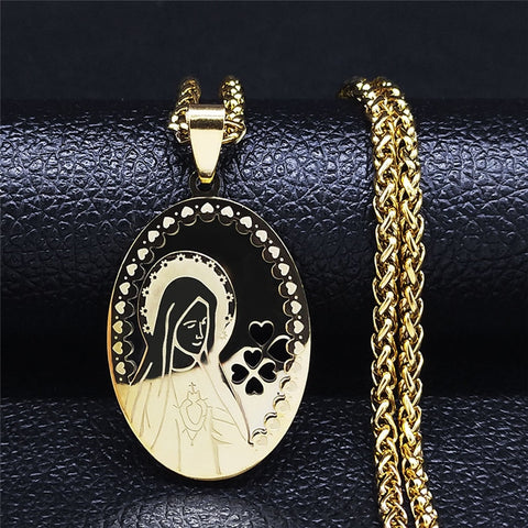 2022 Hip Hop Double Layer Stainless Steel Long Pendant Necklace Women/Men Gold Color Virgin Mary Jewelry collier homme N6003S02