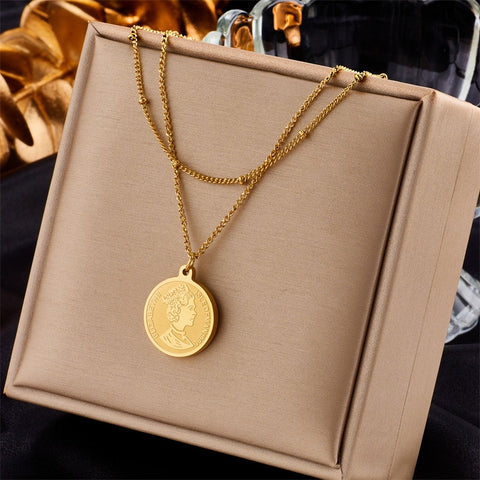 MEYRROYU 316L Stainless Steel Hip Hop PunkVintage Multilayer Coin Pendant Necklace For Women Double Layer Chain Necklace Jewelry