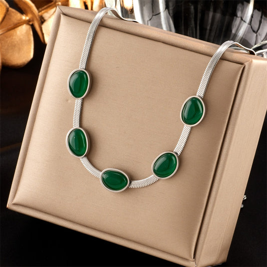 MEYRROYU 316L Stainless Steel Green Stone Jade Snake Chain Collar Necklaces For Women Party Gift New бижутерия для женщин Bijoux