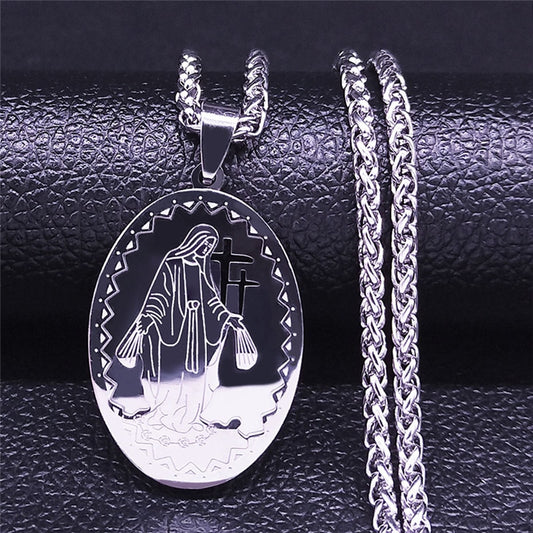 2022 Hip Hop Double Layer Stainless Steel Long Pendant Necklace Women/Men Gold Color Virgin Mary Jewelry collier homme N6003S02